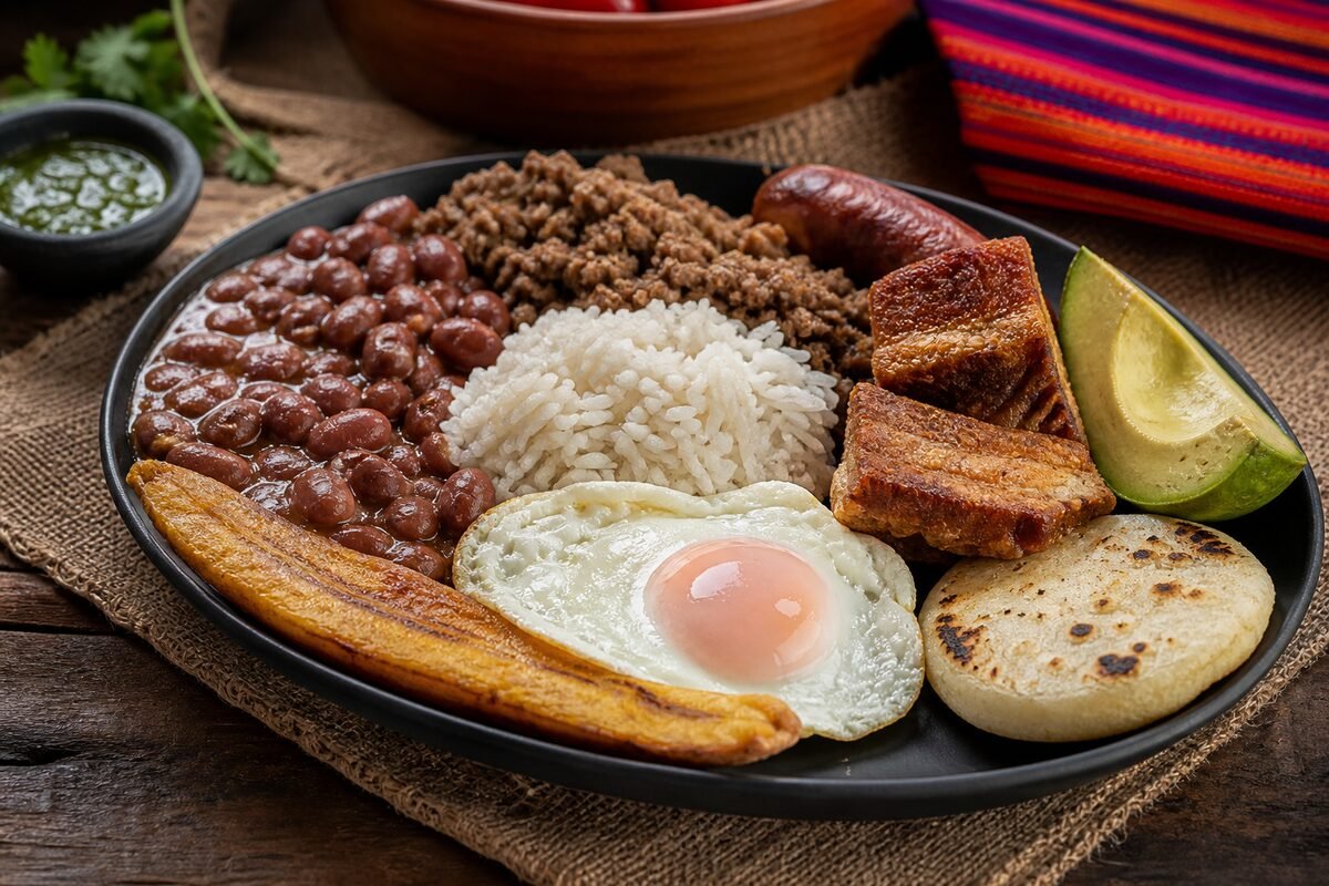Colombian bandeja paisa with red beans, rice, ground beef, chicharron, fried egg, plantain, avocado, and arepa.