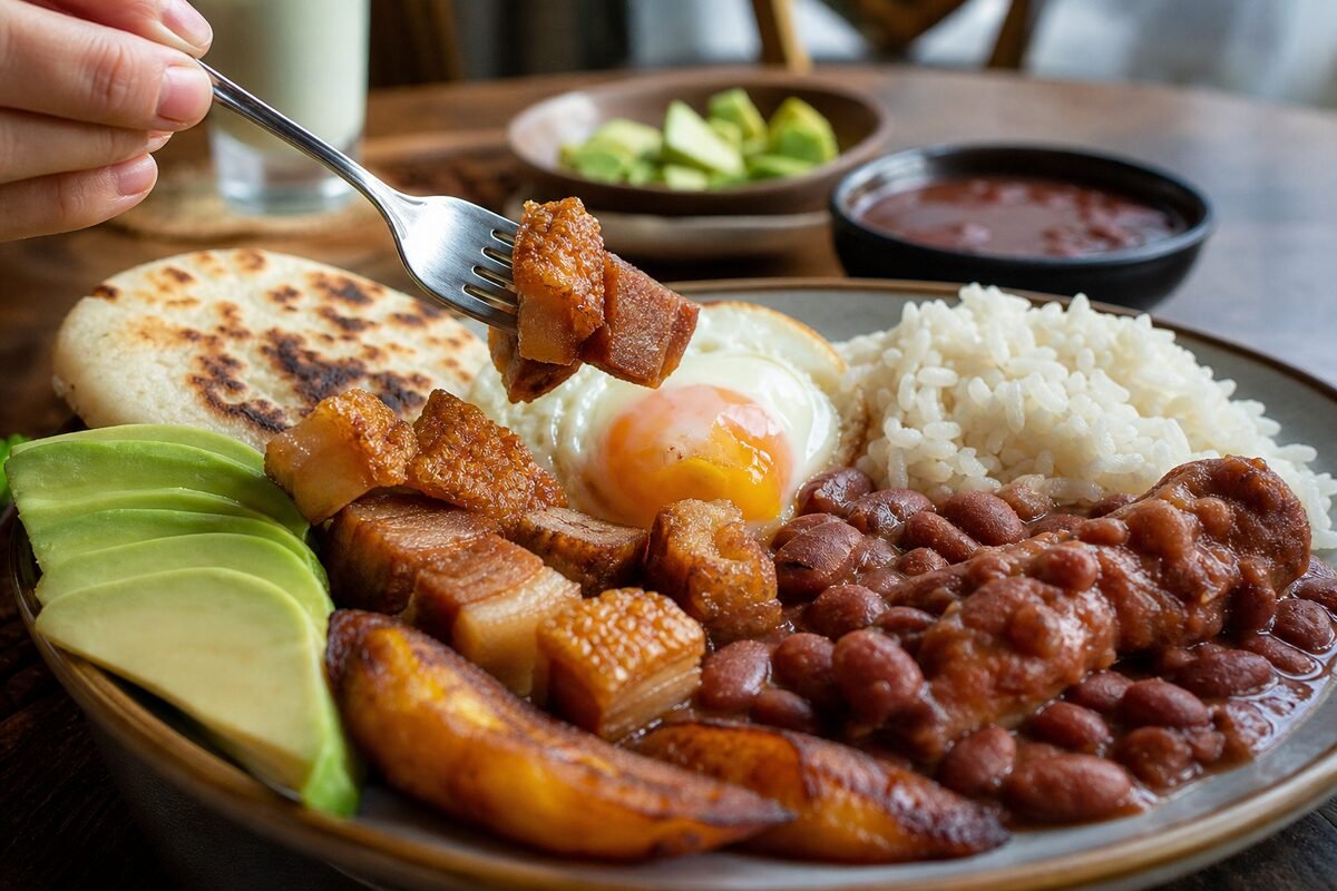 Close serving of Colombian bandeja paisa showing chicharron, egg, red beans, rice, plantain, avocado, and arepa.