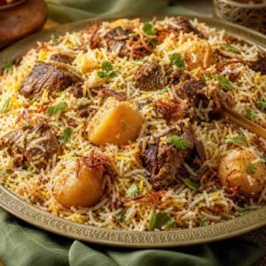 Bangladeshi kacchi biryani with fragrant rice, tender mutton, potatoes, saffron, and fried onions.