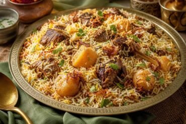 Bangladeshi kacchi biryani with fragrant rice, tender mutton, potatoes, saffron, and fried onions.