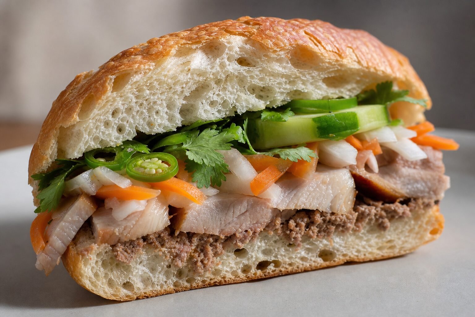 Close cross-section of pork banh mi showing airy baguette, pate, pickles, cucumber, cilantro, and jalapeno.