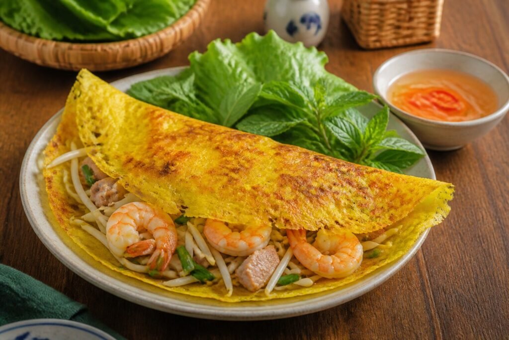 A crisp golden Vietnamese banh xeo crepe filled with shrimp, pork, bean sprouts, and herbs beside nuoc cham.