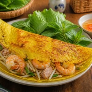 A crisp golden Vietnamese banh xeo crepe filled with shrimp, pork, bean sprouts, and herbs beside nuoc cham.