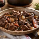A rustic bowl of French beef bourguignon with tender beef, mushrooms, pearl onions, carrots, and crusty bread.