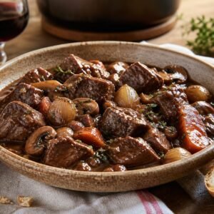 A rustic bowl of French beef bourguignon with tender beef, mushrooms, pearl onions, carrots, and crusty bread.