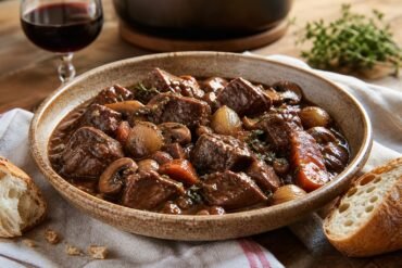 A rustic bowl of French beef bourguignon with tender beef, mushrooms, pearl onions, carrots, and crusty bread.