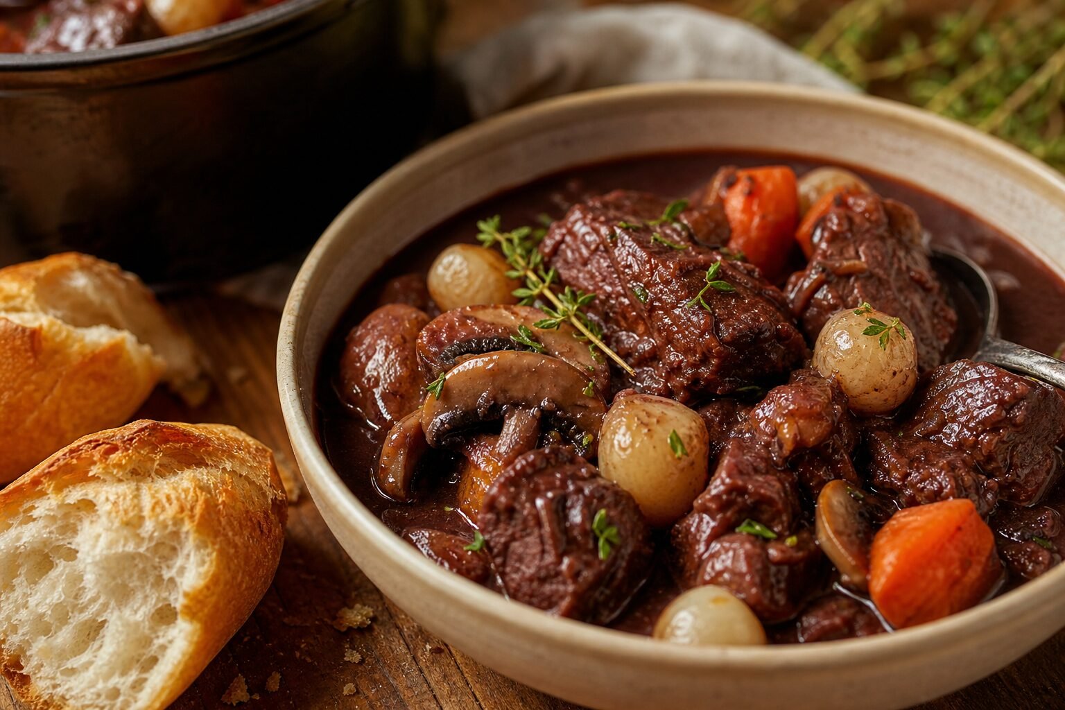 A close-up serving of glossy French beef bourguignon with beef, pearl onions, mushrooms, carrots, and baguette.