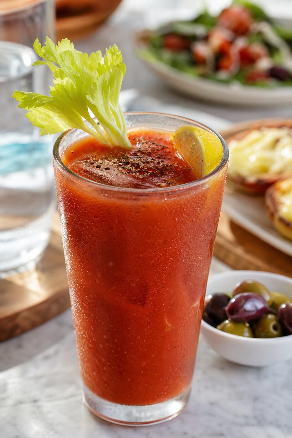 Close-up of a chilled Bloody Mary with condensation, celery, lemon, pepper, and olives.