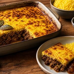 South African bobotie with golden egg custard topping, spiced beef, yellow rice, and chutney.