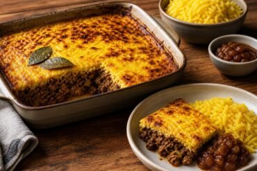 South African bobotie with golden egg custard topping, spiced beef, yellow rice, and chutney.