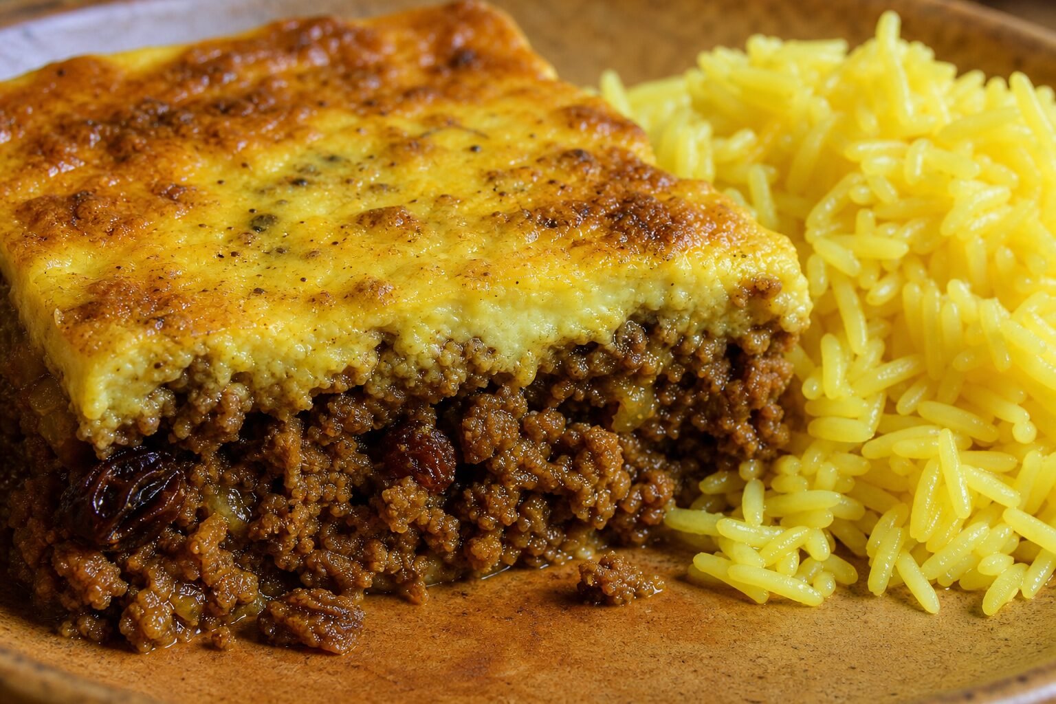 Close serving of bobotie showing golden custard and spiced beef beside yellow rice.