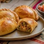 Bolivian salteñas with golden crimped pastry, juicy beef and vegetable filling, and fresh salsa.