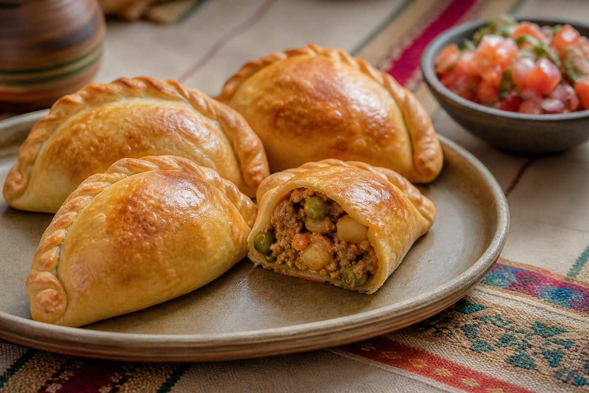 Bolivian salteñas with golden crimped pastry, juicy beef and vegetable filling, and fresh salsa.