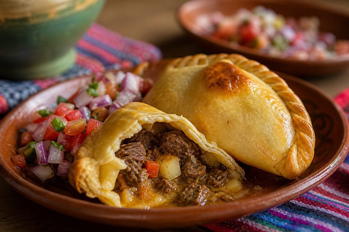 Close serving of Bolivian salteñas showing a golden pastry opened to reveal juicy beef and vegetable filling.