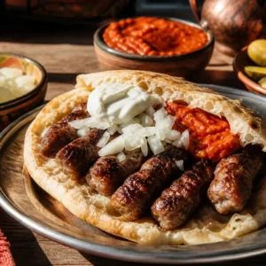 Bosnian cevapi grilled meat sausages served in flatbread with sliced onion, ajvar, and kajmak.