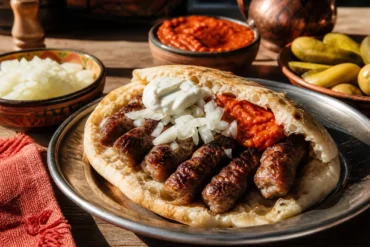 Bosnian cevapi grilled meat sausages served in flatbread with sliced onion, ajvar, and kajmak.