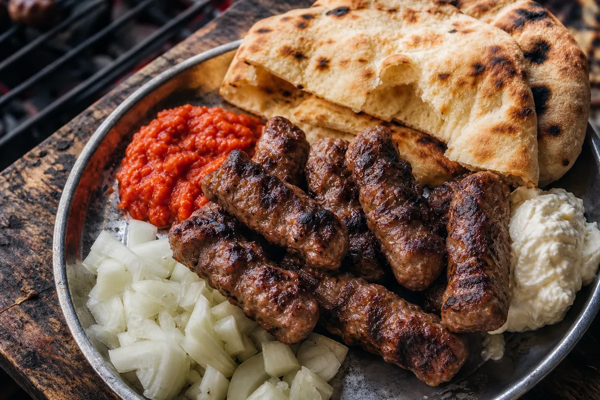 A close-up of charred Bosnian cevapi with raw onion, ajvar, and creamy kajmak.