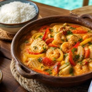 Brazilian moqueca coconut seafood stew in a rustic clay pot.