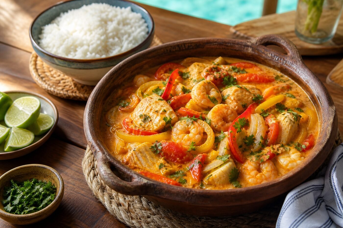 Brazilian moqueca coconut seafood stew in a rustic clay pot.