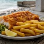 Classic British fish and chips with crisp battered cod, thick-cut fries, mushy peas, lemon, and tartar sauce.