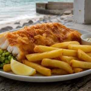 Classic British fish and chips with crisp battered cod, thick-cut fries, mushy peas, lemon, and tartar sauce.