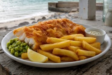 Classic British fish and chips with crisp battered cod, thick-cut fries, mushy peas, lemon, and tartar sauce.