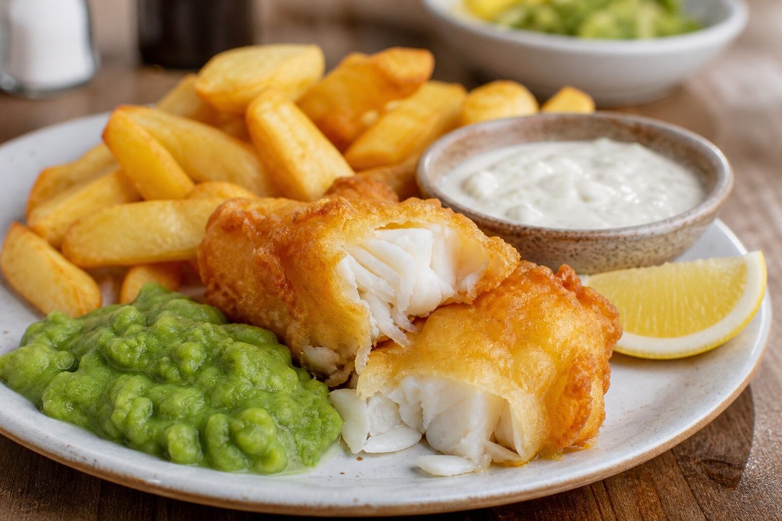 A close serving of battered cod and thick-cut chips with mushy peas, lemon, and tartar sauce.