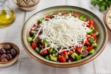 Bulgarian shopska salad with tomatoes, cucumber, peppers, parsley, and grated white cheese.