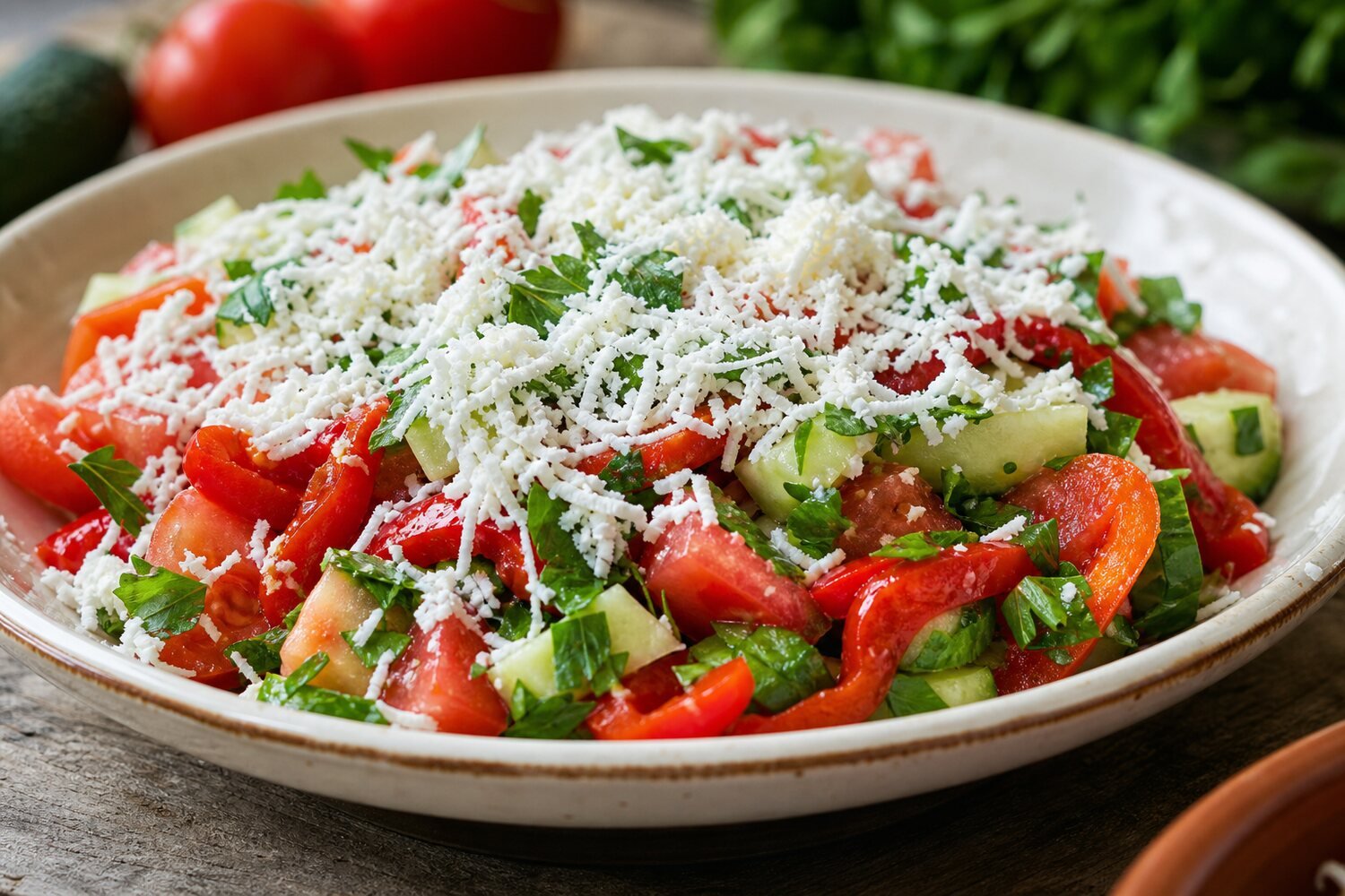 Close-up of Bulgarian shopska salad with crisp vegetables, herbs, and grated sirene cheese.