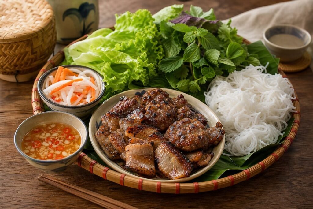 Vietnamese bun cha with grilled pork, rice noodles, herbs, pickled vegetables, and nuoc cham.