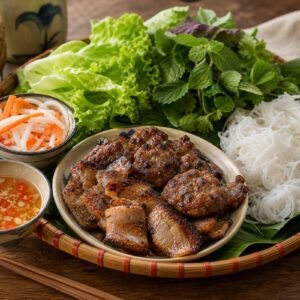 Vietnamese bun cha with grilled pork, rice noodles, herbs, pickled vegetables, and nuoc cham.