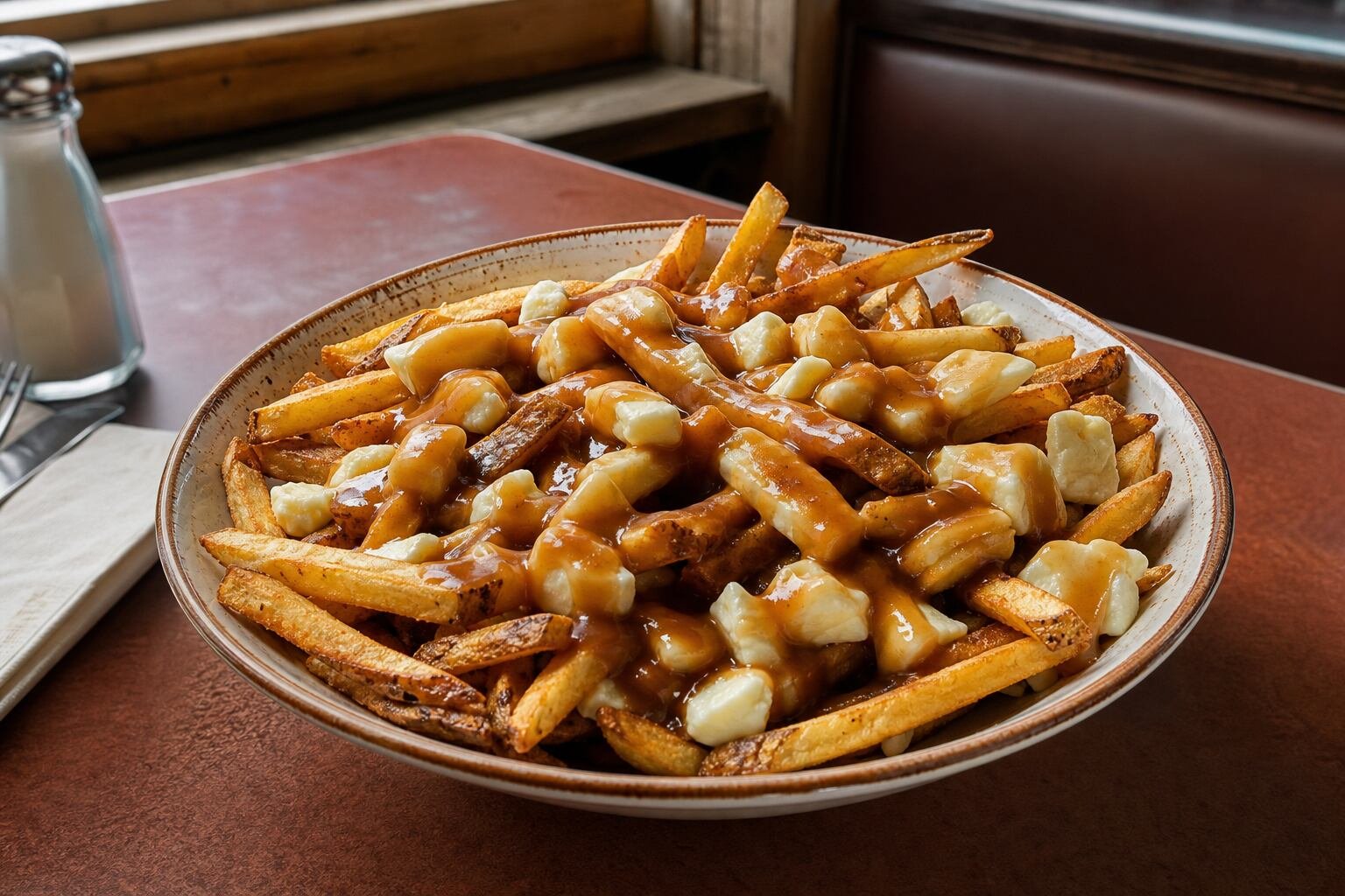 Quebec-style poutine with crisp fries, fresh cheese curds, and glossy brown gravy.