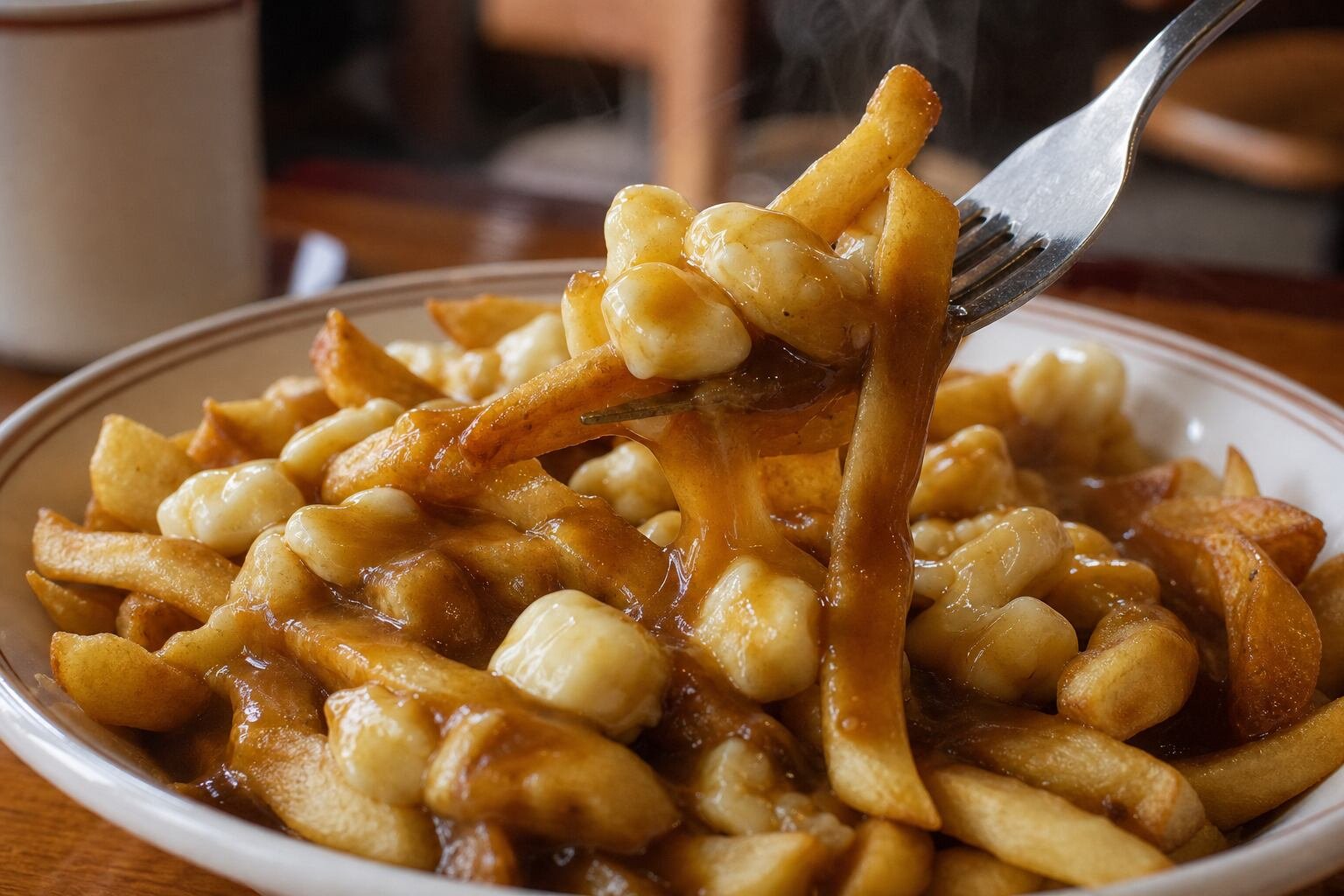 A fork lifting crisp fries from poutine with fresh cheese curds and brown gravy.