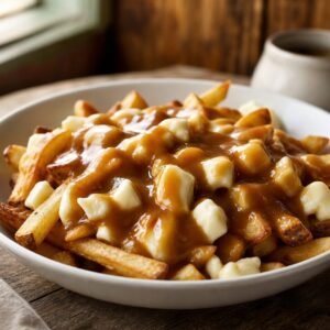 Canadian poutine with crisp golden fries, fresh cheese curds, and glossy brown gravy in a white bowl.