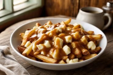 Canadian poutine with crisp golden fries, fresh cheese curds, and glossy brown gravy in a white bowl.