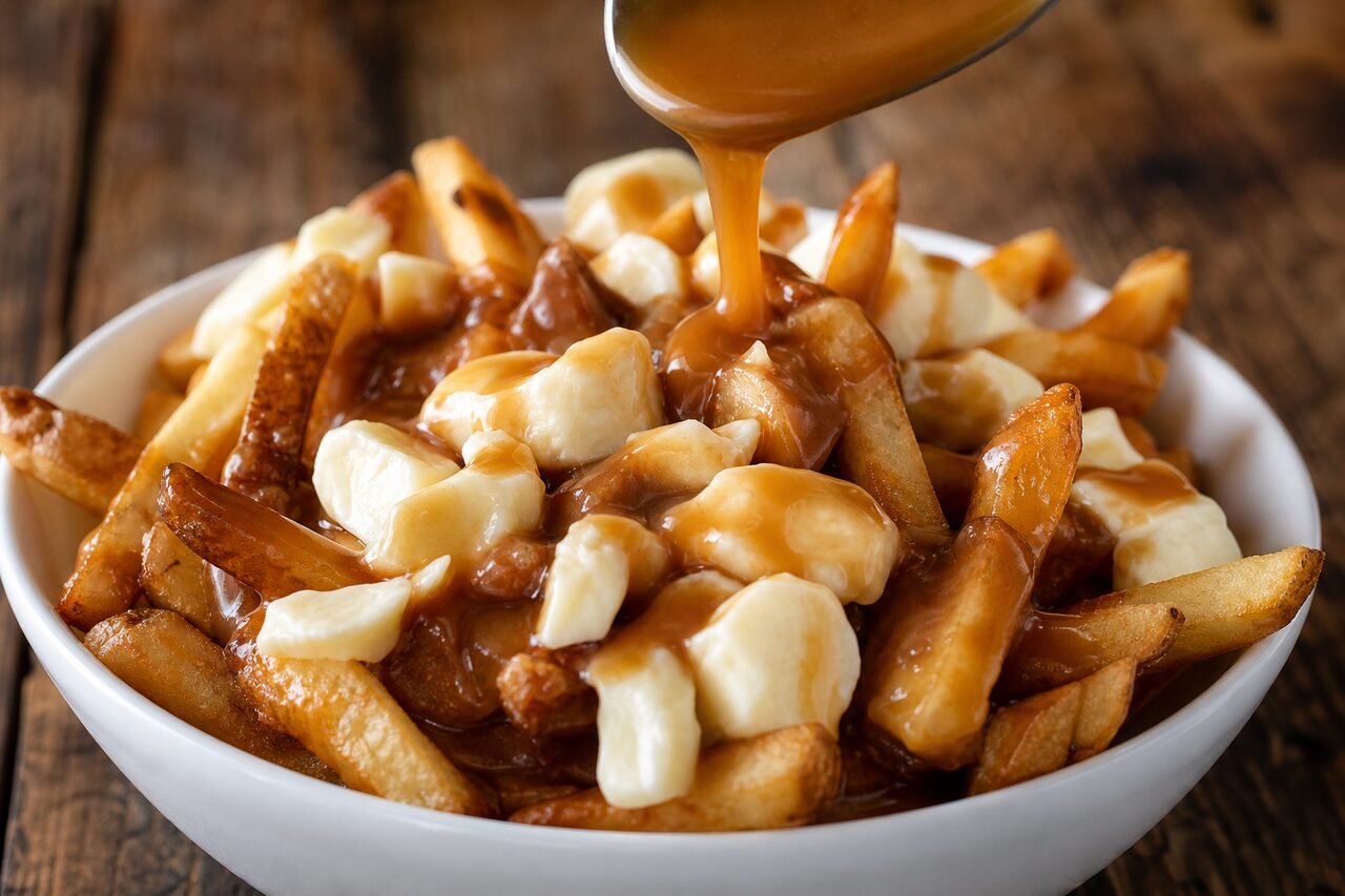 A close serving view of Canadian poutine with fries, soft cheese curds, and brown gravy being poured over the top.
