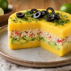 Layered Peruvian causa rellena with yellow potato, chicken, avocado, olives, and herbs on a ceramic plate.