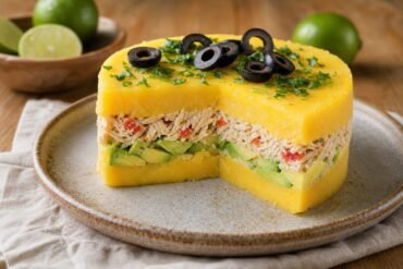 Layered Peruvian causa rellena with yellow potato, chicken, avocado, olives, and herbs on a ceramic plate.