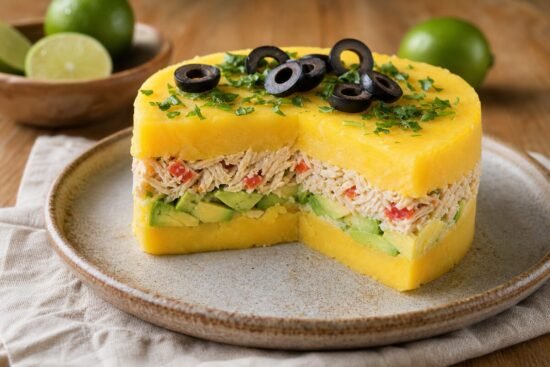 Layered Peruvian causa rellena with yellow potato, chicken, avocado, olives, and herbs on a ceramic plate.
