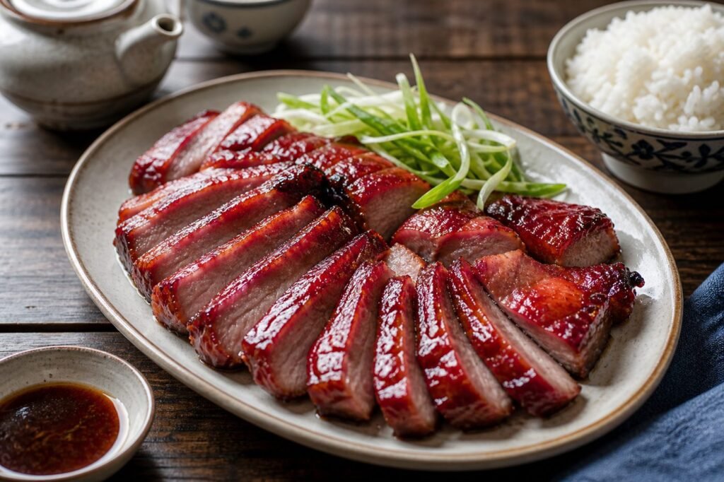 Glossy slices of Chinese char siu pork served with scallions and steamed rice.