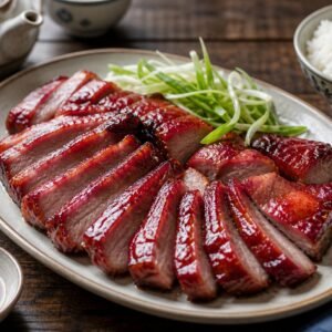 Glossy slices of Chinese char siu pork served with scallions and steamed rice.