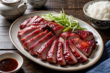 Glossy slices of Chinese char siu pork served with scallions and steamed rice.