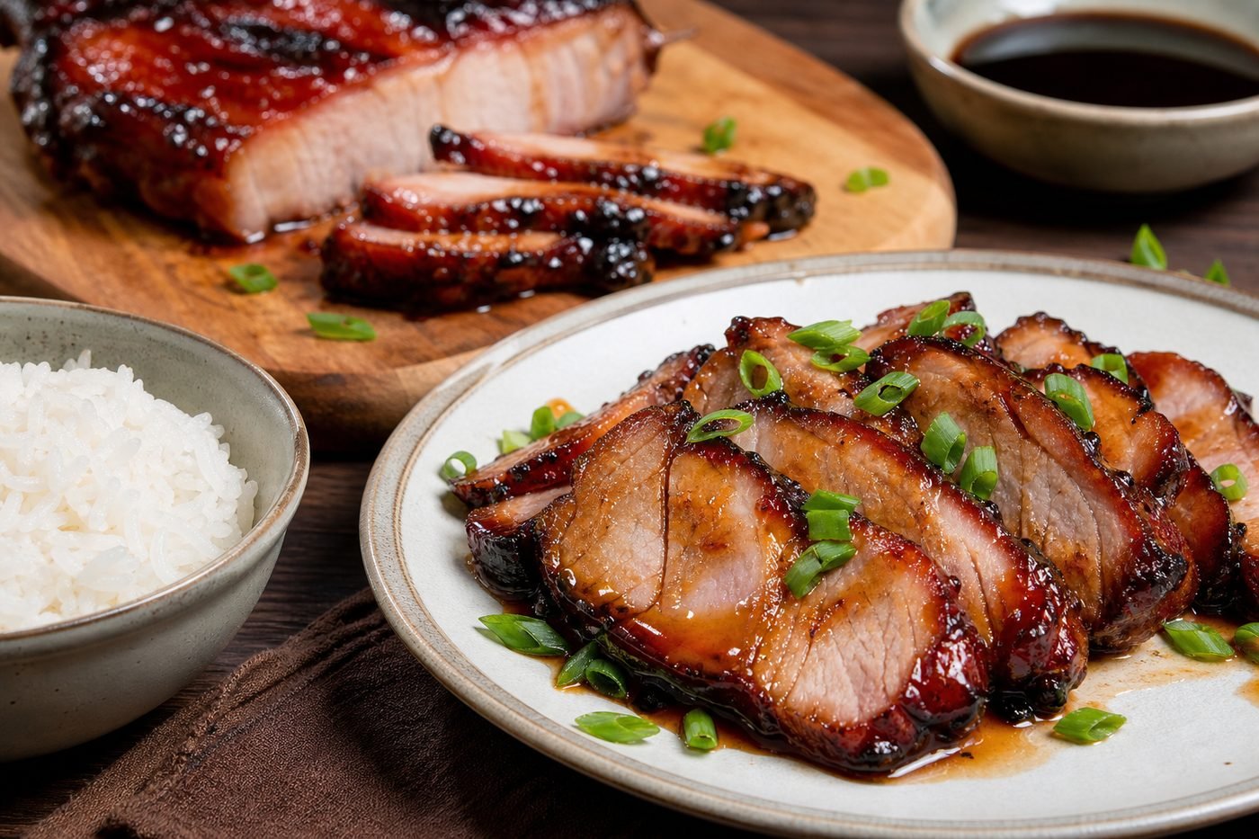 Close serving of sliced char siu pork with caramelized glaze, scallions, sauce, and rice.