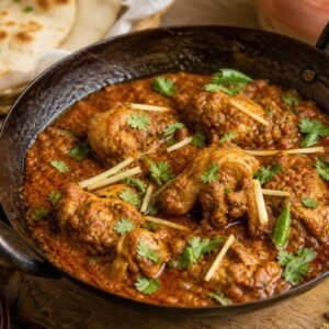 Pakistani chicken karahi with tender chicken in glossy tomato masala, ginger, green chili, and cilantro.