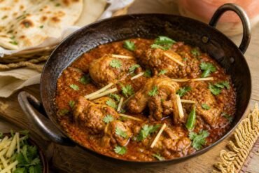 Pakistani chicken karahi with tender chicken in glossy tomato masala, ginger, green chili, and cilantro.