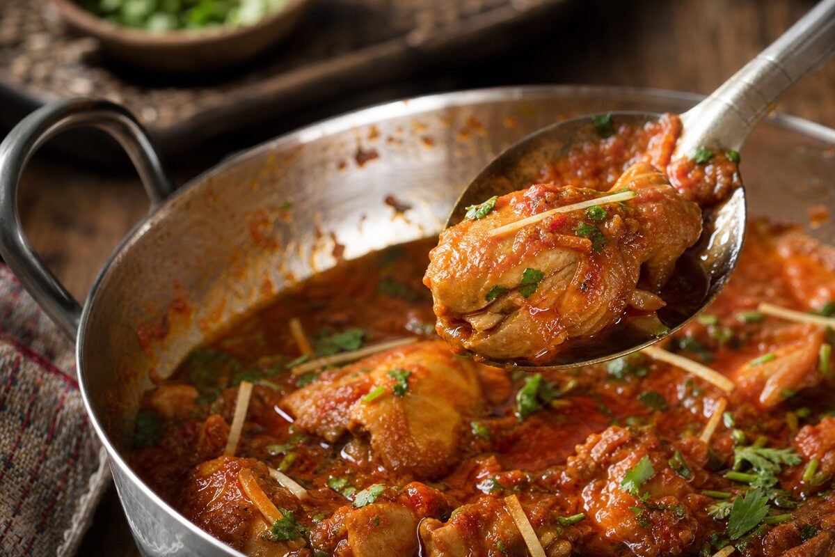 Close serving of Pakistani chicken karahi showing tender chicken, glossy tomato masala, ginger, and cilantro.