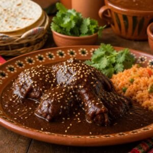 Tender chicken covered in glossy chocolate-brown mole poblano sauce with sesame seeds, rice, and tortillas.