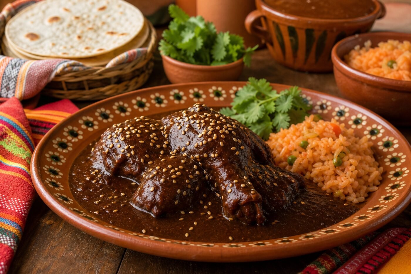 Tender chicken covered in glossy chocolate-brown mole poblano sauce with sesame seeds, rice, and tortillas.