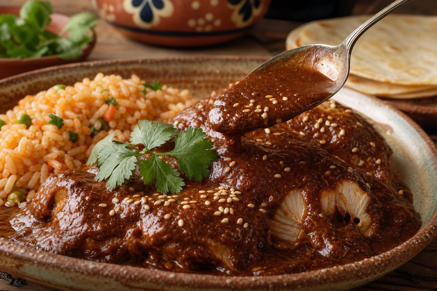 Close-up of chicken mole poblano with velvety sauce, sesame seeds, cilantro, rice, and warm tortillas.