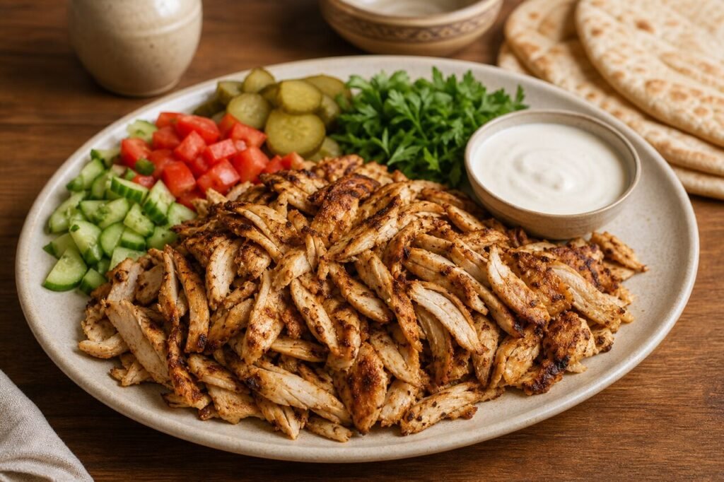 Lebanese chicken shawarma with spiced chicken, pita, pickles, fresh vegetables, parsley, and garlic sauce.